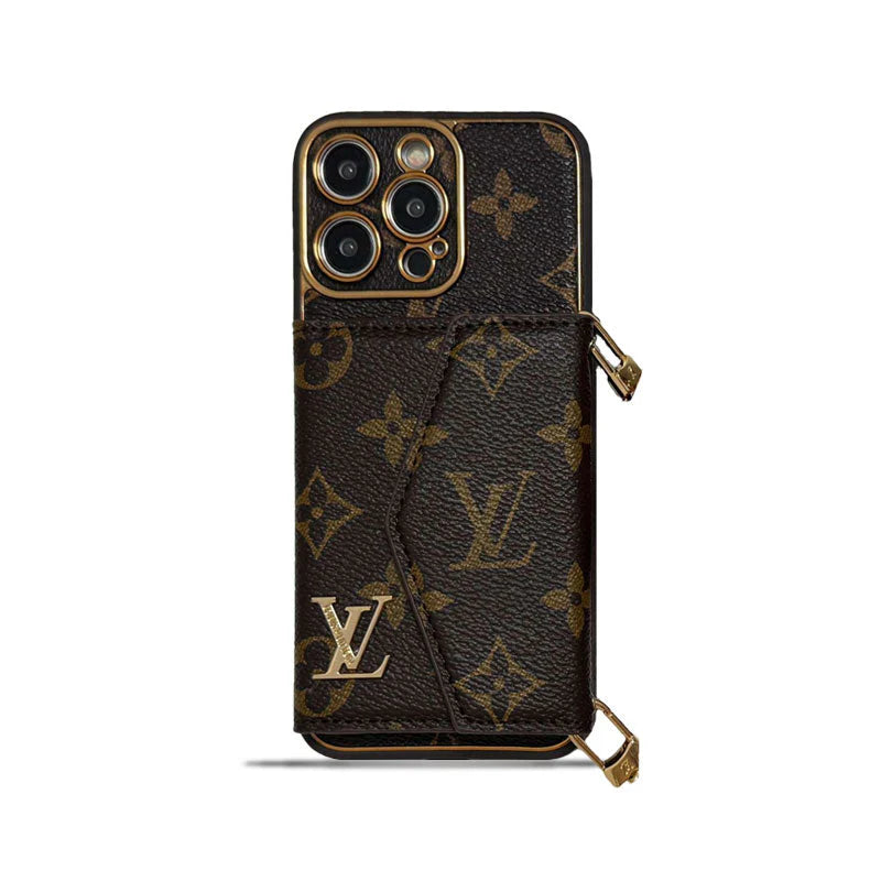 Monogramm iPhone-Hülle mit Geldbörse und Riemen, braun, großer Aufdruck